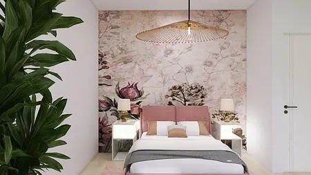 Wnętrze sypialni w stylu boho z różowymi meblami i kwiatowym muralem.