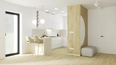 Nowoczesna kuchnia w stylu minimalistycznym z białymi meblami i drewnianymi detalami.