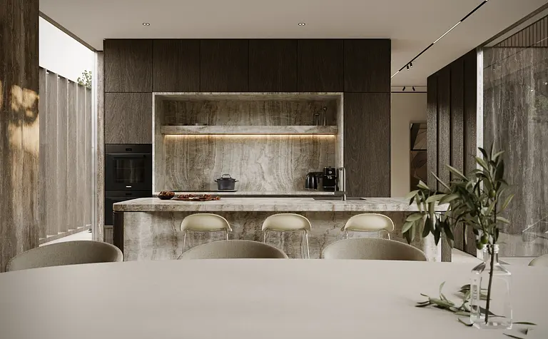 Wnętrze kuchni z drewnianymi akcentami i nowoczesnym blatem, styl eklektyczny, minimaluxe, nowoczesny.