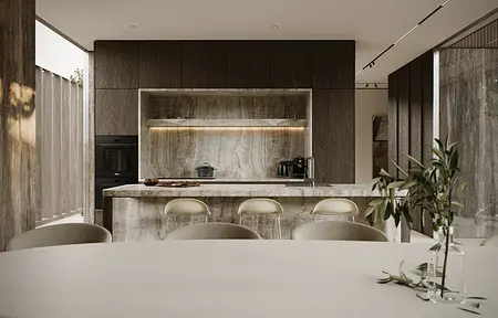 Wnętrze kuchni z drewnianymi akcentami i nowoczesnym blatem, styl eklektyczny, minimaluxe, nowoczesny.