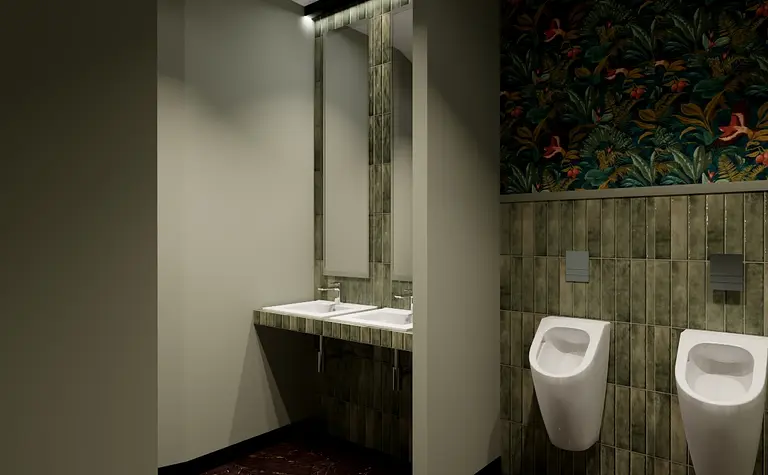 Wnętrze łazienki z dwiema umywalkami i eklektyczną tapetą.