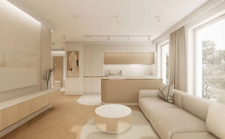 Wnętrze kuchni w stylu japandi z minimalistycznymi meblami i akcentami quiet luxury.