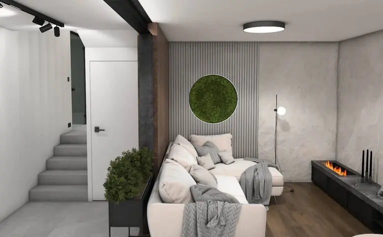 Wnętrze salonu w stylu minimalistycznym, z białą sofą, drewnianymi detalami i roślinnością.