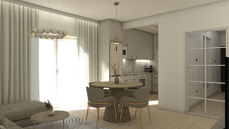 Wnętrze jadalni z okrągłym stołem, szarymi krzesłami oraz jasnymi zasłonami.