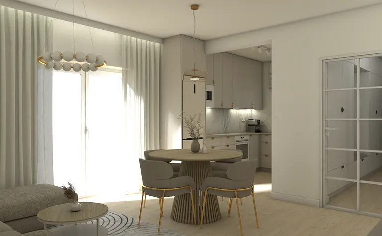 Wnętrze jadalni z okrągłym stołem, szarymi krzesłami oraz jasnymi zasłonami.