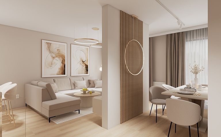 Wnętrze salonu w stylu glamour i japandi z beżową sofą, drewnianymi akcentami i nowoczesnymi detalami.