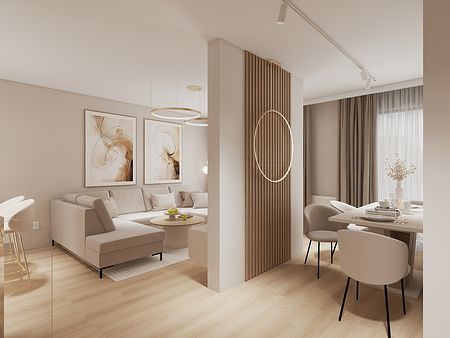 Wnętrze salonu w stylu glamour i japandi z beżową sofą, drewnianymi akcentami i nowoczesnymi detalami.