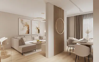 Wnętrze salonu w stylu glamour i japandi z beżową sofą, drewnianymi akcentami i nowoczesnymi detalami.