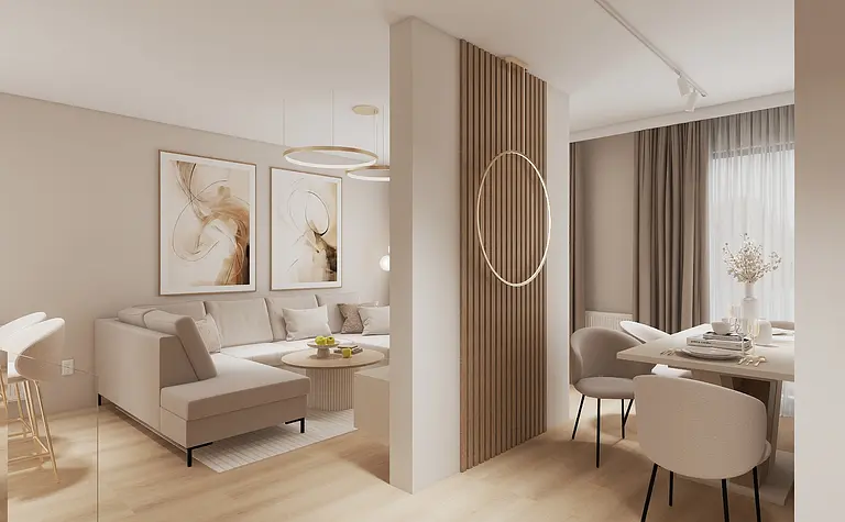 Wnętrze salonu w stylu glamour i japandi z beżową sofą, drewnianymi akcentami i nowoczesnymi detalami.