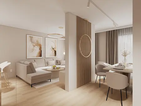 Wnętrze salonu w stylu glamour i japandi z beżową sofą, drewnianymi akcentami i nowoczesnymi detalami.