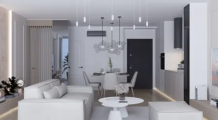 Nowoczesne wnętrze salonu z białą sofą, szarymi akcentami oraz minimalistycznym oświetleniem.