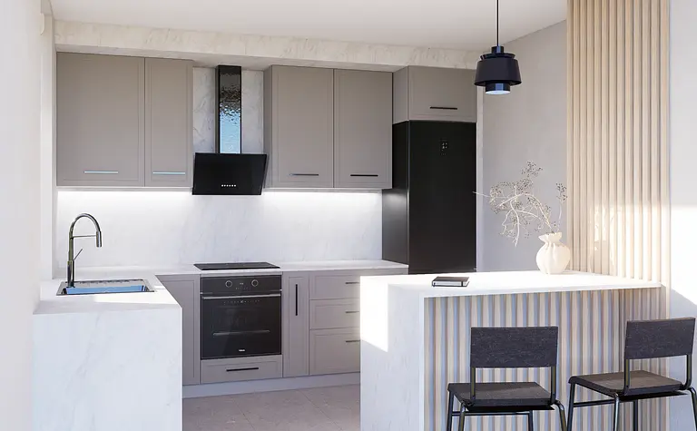 Nowoczesna kuchnia w stylu minimalistycznym z szarymi meblami oraz białym blatem.
