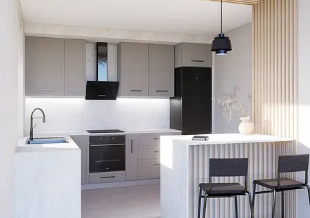 Nowoczesna kuchnia w stylu minimalistycznym z szarymi meblami oraz białym blatem.