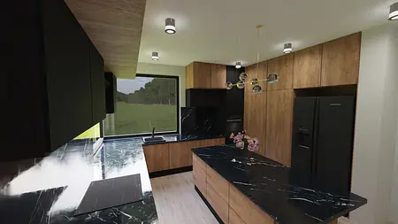 Wnętrze nowoczesnej kuchni z drewnianymi meblami i czarnym blatem.