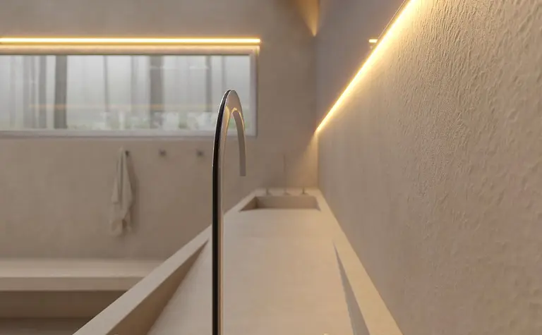 Wnętrze sypialni w stylu glamour, minimalistycznym z zieloną rośliną
