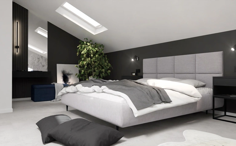 Wnętrze sypialni w stylu glamour, minimalistycznym z zieloną rośliną