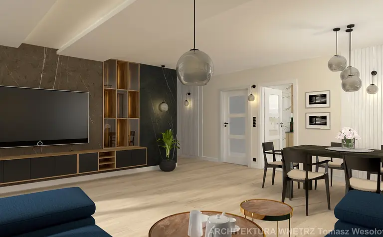 Wnętrze salonu w stylu soft minimalizm z czarnymi akcentami i jasnymi meblami.
