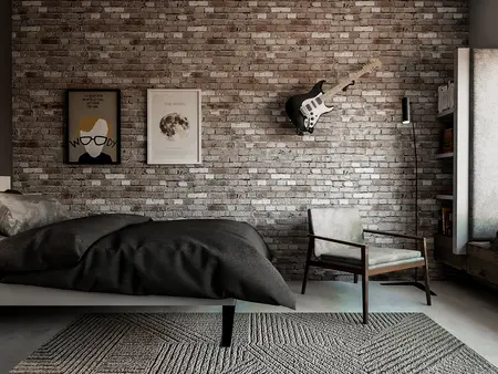 Sypialnia w stylu industrialnym z ceglaną ścianą, minimaluxe i soft minimalizmem.