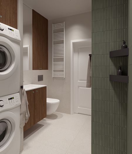 Nowoczesna łazienka z pralką, drewnianymi meblami, w stylu japandi i eklektycznym.
