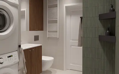 Nowoczesna łazienka z pralką, drewnianymi meblami, w stylu japandi i eklektycznym.