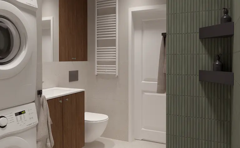 Nowoczesna łazienka z pralką, drewnianymi meblami, w stylu japandi i eklektycznym.