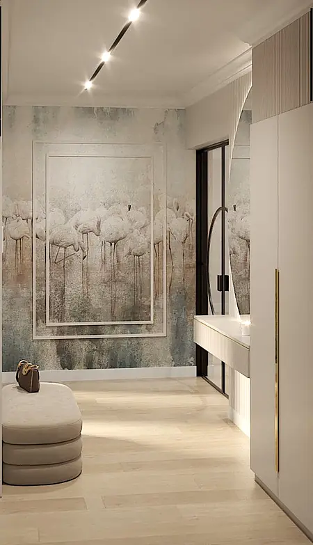 Przedpokój w stylu art deco z białymi meblami i akcentami glamour.