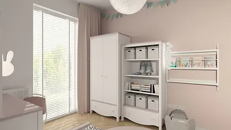 Pokój dziecięcy w stylu eklektycznym z białymi meblami i różowymi dodatkami.