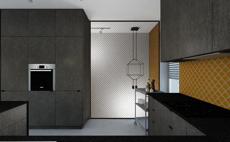 Kuchnia w stylu industrialnym z ciemnymi meblami i żółtymi detalami.