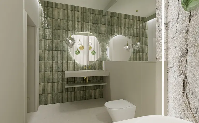 Wnętrze łazienki z zielonymi płytkami, lustrami i nowoczesnym oświetleniem. Styl boho, minimalistyczny.