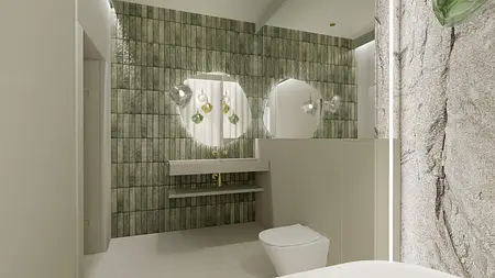 Wnętrze łazienki z zielonymi płytkami, lustrami i nowoczesnym oświetleniem. Styl boho, minimalistyczny.