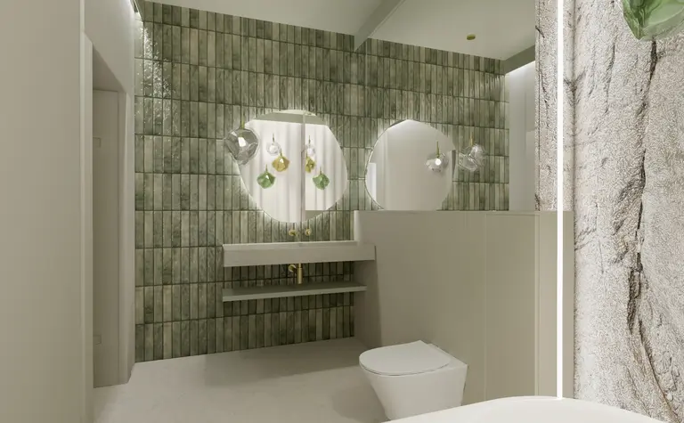 Wnętrze łazienki z zielonymi płytkami, lustrami i nowoczesnym oświetleniem. Styl boho, minimalistyczny.