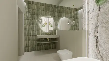 Wnętrze łazienki z zielonymi płytkami, lustrami i nowoczesnym oświetleniem. Styl boho, minimalistyczny.