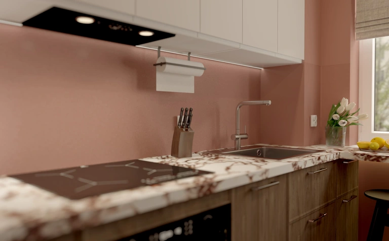 Kuchnia w stylu dopamine decor z różową ścianą, minimalizmem i nowoczesnym wykończeniem.