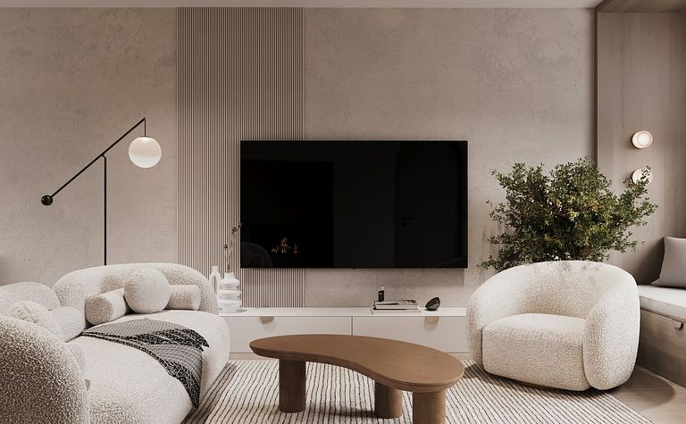 Wnętrze salonu w stylu boho z minimalistycznymi meblami i nowoczesnymi akcentami.