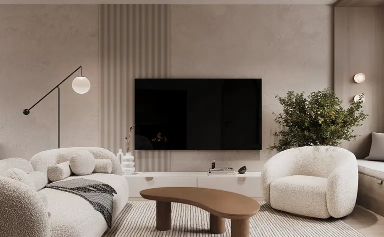 Wnętrze salonu w stylu boho z minimalistycznymi meblami i nowoczesnymi akcentami.