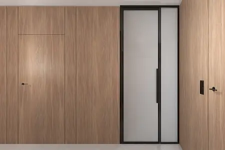 Minimalistyczne wnętrze z drewnianymi ścianami i szklanymi drzwiami