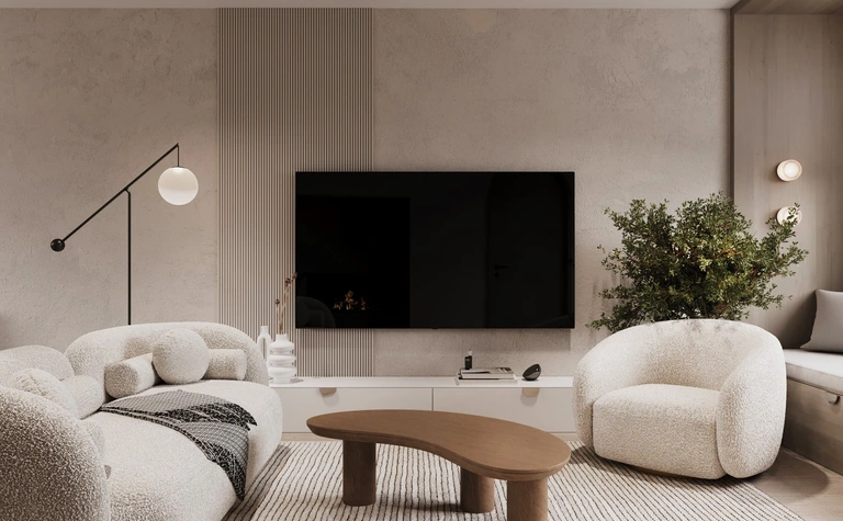 Wnętrze salonu w stylu boho z minimalistycznymi meblami i nowoczesnymi akcentami.