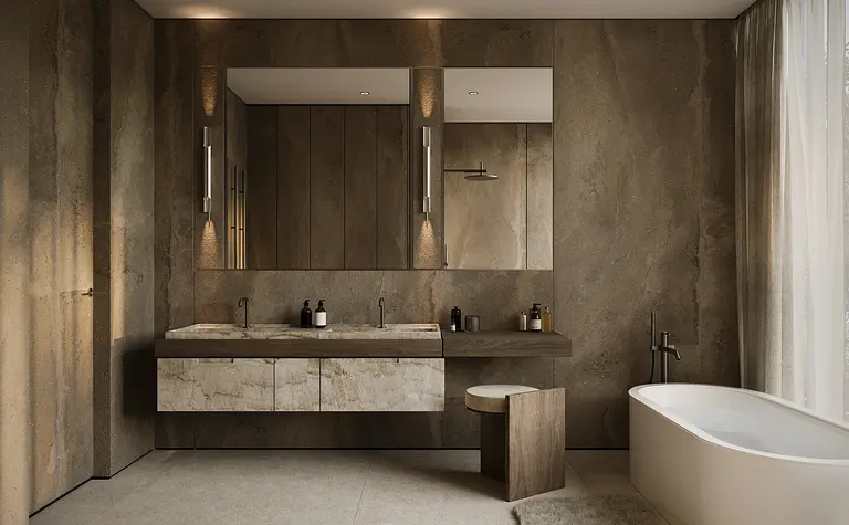 Wnętrze łazienki z drewnianymi meblami, nowoczesną wanną i eklektycznym oświetleniem.