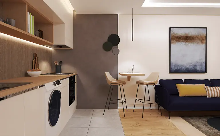Wnętrze kuchni w stylu art deco, eklektycznym i industrialnym z jasnymi meblami