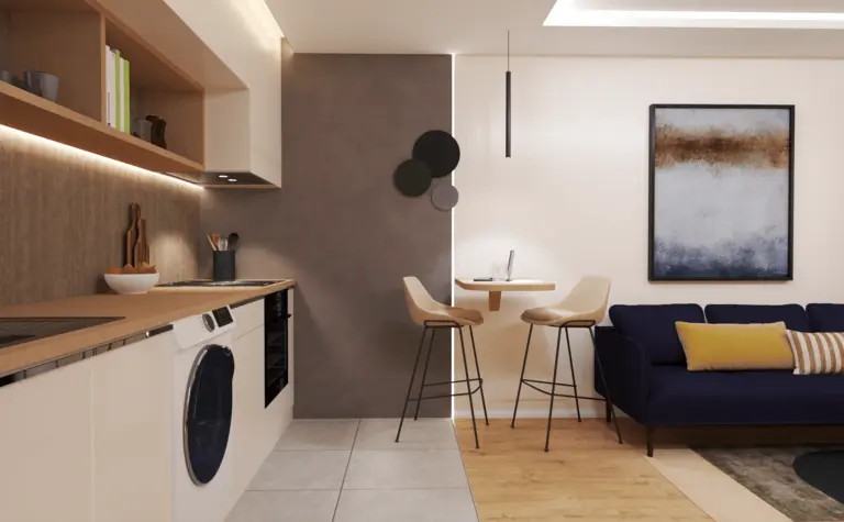 Wnętrze kuchni w stylu art deco, eklektycznym i industrialnym z jasnymi meblami