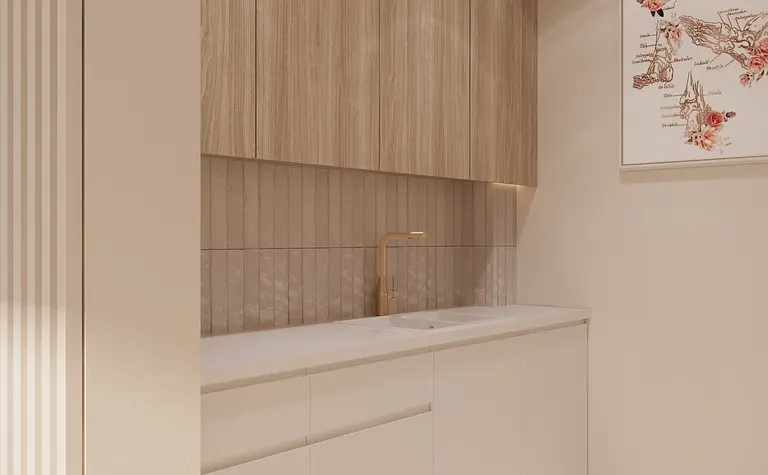 Kuchnia minimalistyczna z drewnianymi szafkami i nowoczesnym zlewem.