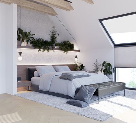 Sypialnia w stylu japandi, minimalistycznym z roślinami i nowoczesnym oświetleniem.