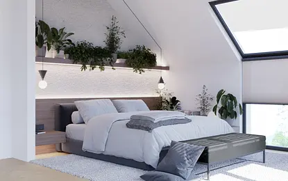 Sypialnia w stylu japandi, minimalistycznym z roślinami i nowoczesnym oświetleniem.