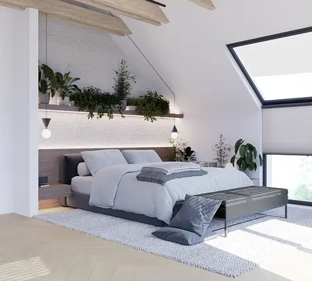 Sypialnia w stylu japandi, minimalistycznym z roślinami i nowoczesnym oświetleniem.