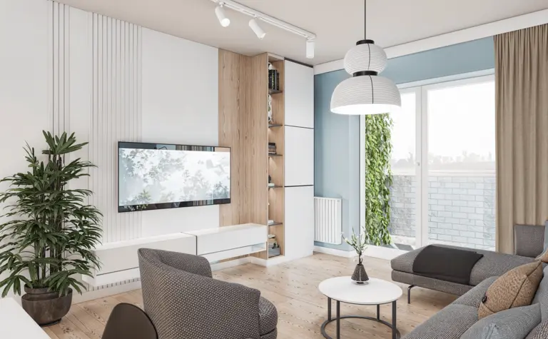 Nowoczesny salon z drewnianą półką i białymi meblami.