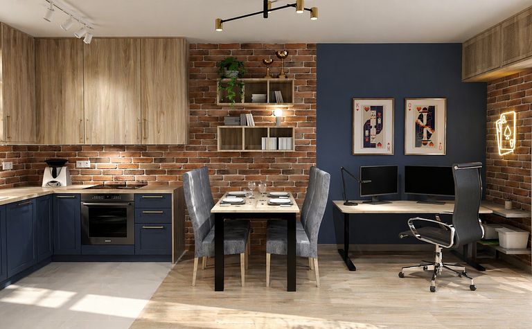 Wnętrze kuchni z drewnianymi akcentami i ceglaną ścianą, styl eklektyczny, industrialny, rustykalny.