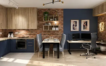 Wnętrze kuchni z drewnianymi akcentami i ceglaną ścianą, styl eklektyczny, industrialny, rustykalny.