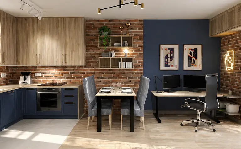 Wnętrze kuchni z drewnianymi akcentami i ceglaną ścianą, styl eklektyczny, industrialny, rustykalny.