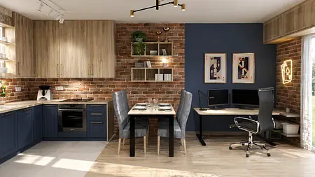 Wnętrze kuchni z drewnianymi akcentami i ceglaną ścianą, styl eklektyczny, industrialny, rustykalny.