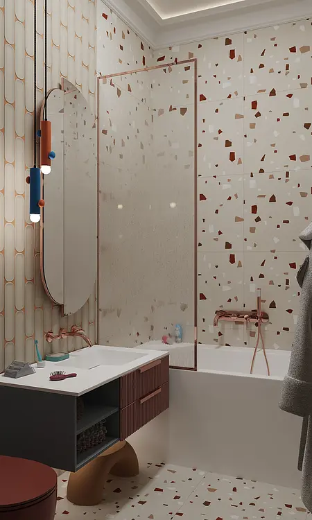 Wnętrze łazienki z elementami art deco, minimalistycznymi i współczesnymi.